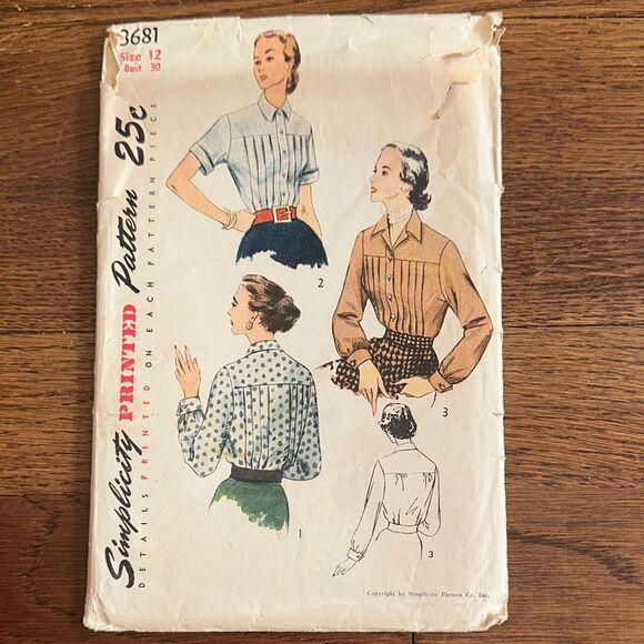 Vintage 1951 Simplicity Women's Blouse Sewing Pattern #3681 - Picture 1 of 4
